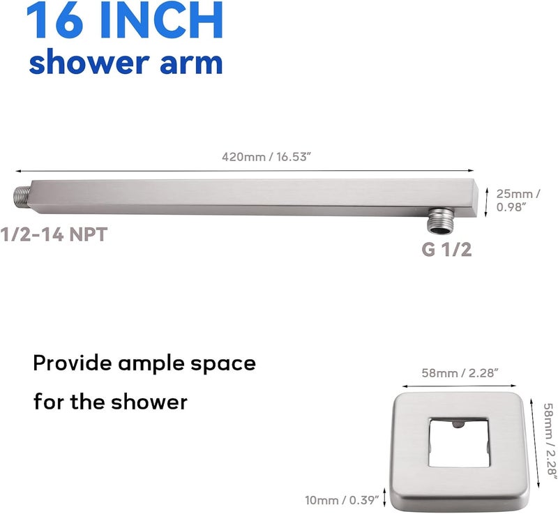 Aqua Access 16 Inch Rain Shower Head Extension Arm with Flange, Brushed Nickel, Made of SUS 304 Stainless Steel, Square Shower Arm Wall Mounted, Rainfall Shower Arm for Morden Bathroom - Image 3